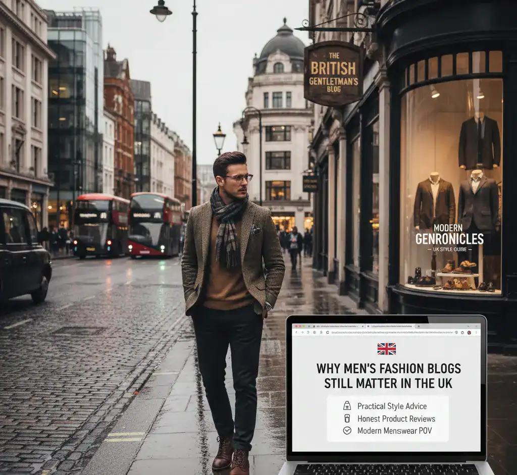 Fashionable man in a tailored blazer, scarf, walking on wet city street with trendy storefronts.